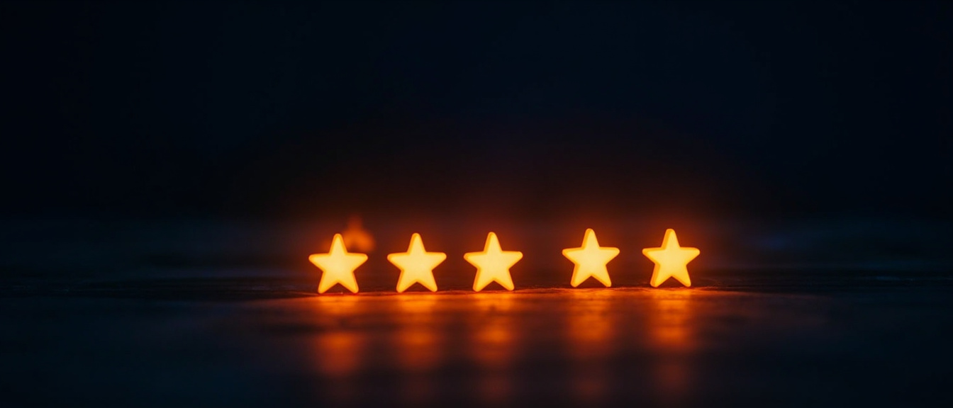 Five glowing amber stars in a row on a dark navy background, photographed with soft bokeh.